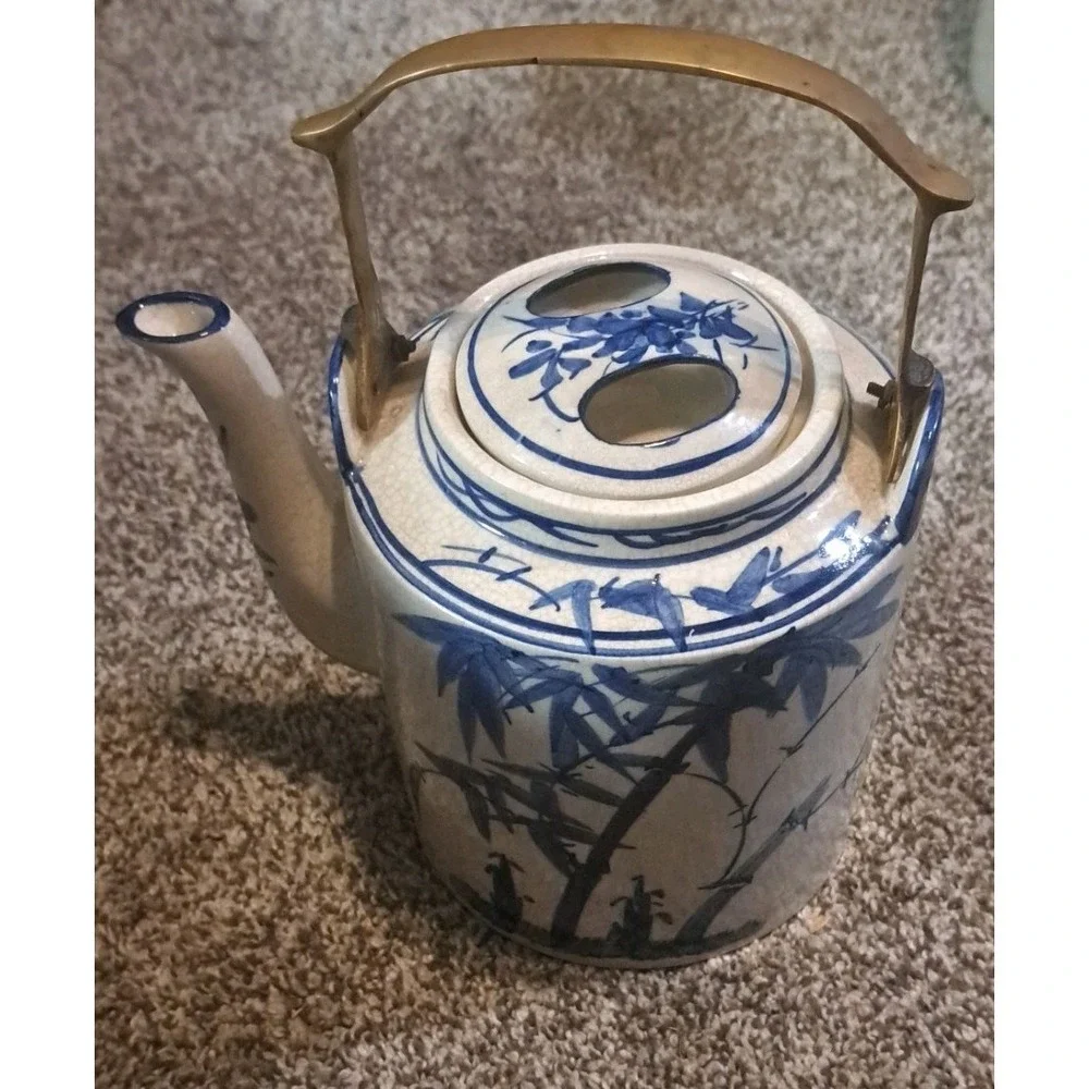 Vintage Blue‎ & White Asian Ceramic Teapot with Brass Handle